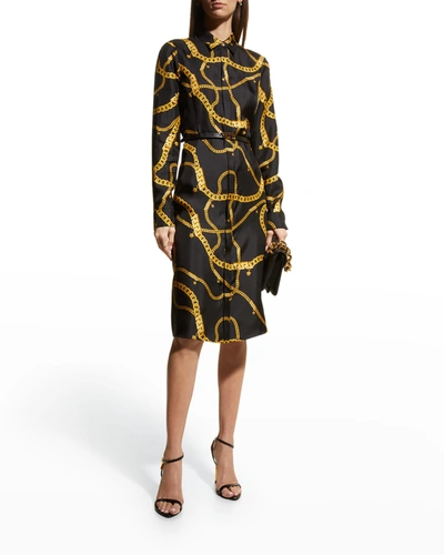 Versace Belted Printed Silk-twill Shirt Dress In Black | ModeSens