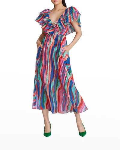 Shop Amur Luisa Pleated Multicolor Midi Dress In Aventurine Marble
