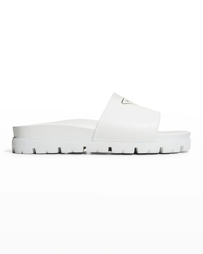 Shop Prada Men's Leather Logo Slide Sandals In Bianco