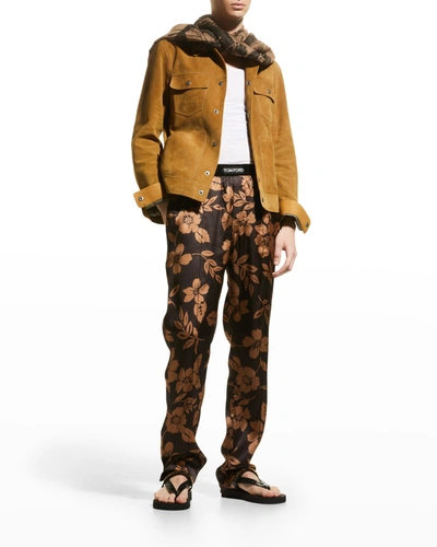 Shop Tom Ford Men's Floral Silk Pajama Pants In Caramel