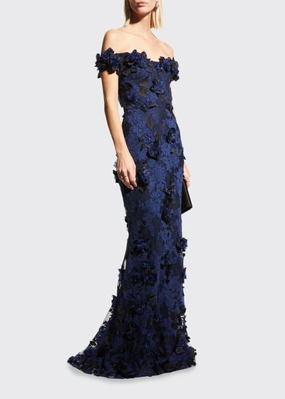 Shop Marchesa Off-the-shoulder Lace Gown In Midnight