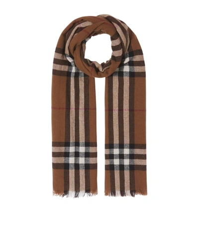 Shop Burberry Cashmere Check Scarf In Brown