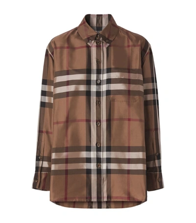 Shop Burberry Silk Check Shirt In Brown