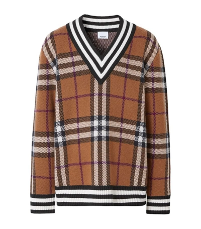 Shop Burberry Cashmere Check V-neck Sweater In Brown