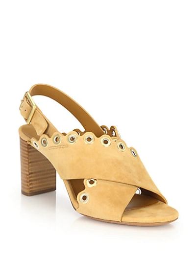 Chloé Grommeted Scalloped Suede Crisscross Sandals In Angora Beige