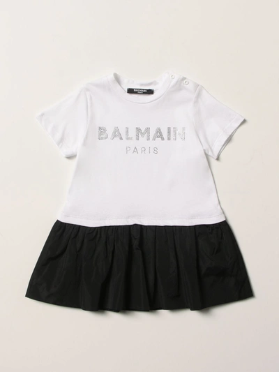 Shop Balmain Cotton Dress With Logo In White