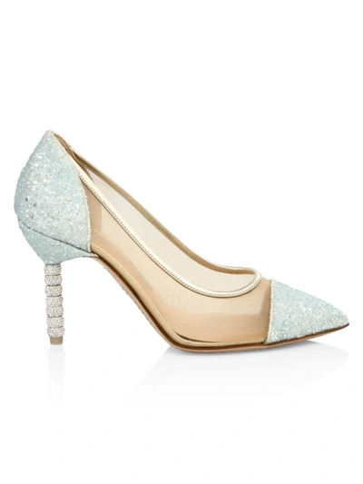 Shop Sophia Webster Jasmine Embellished-heel Glitter Leather & Mesh Pumps In Ice Blue Glitter Mesh