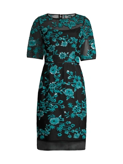 Shop Shani Women's Novelty Embroidered Illusion Dress In Black Teal