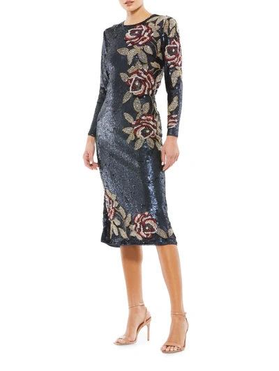 Shop Mac Duggal Women's Metallic Floral Midi Dress In Midnight