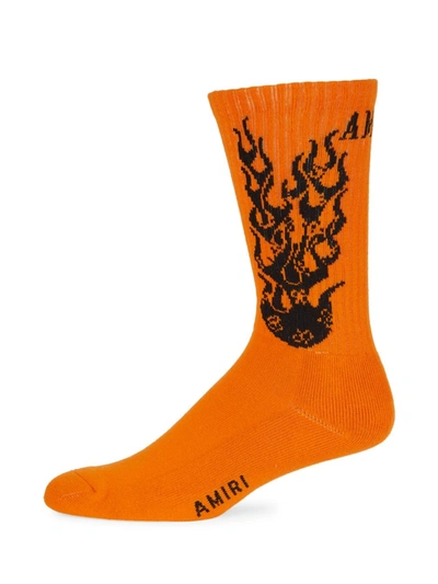 Shop Amiri Men's Flames Calf Socks In Orange