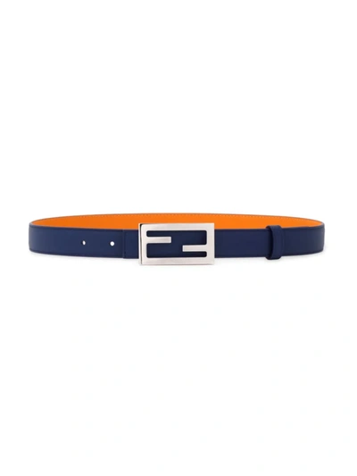 Shop Fendi Reversible Logo Buckle Leather Belt In Navy Orange