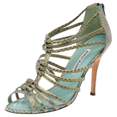 Pre-owned Manolo Blahnik Green Python Leather Strappy Sandals Size 39.5