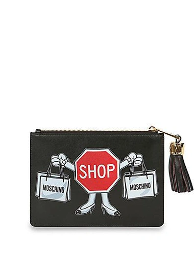 Shop Moschino Logo Faux-leather Clutch In Black Multi