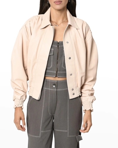Shop Nicole Miller Cropped Leather Jacket In Blush
