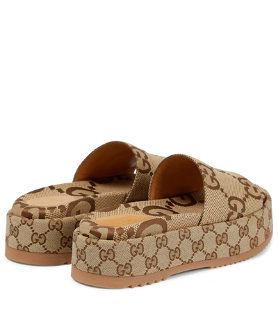 Gucci Angelina Logo-jacquard Coated-canvas Platform Slides In Camel Ebony