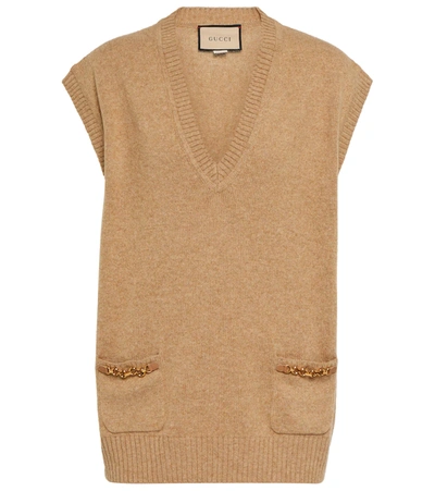 Shop Gucci Embellished Cashmere Sweater Vest In Camel/mix