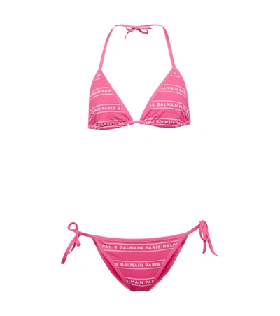 Shop Balmain Logo Printed Self-tie Bikini In Pink/white