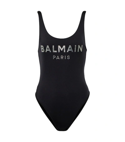 Shop Balmain Logo Printed Swimsuit In Black