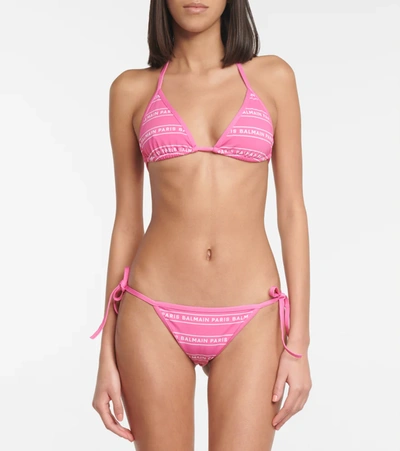 Shop Balmain Logo Printed Self-tie Bikini In Pink/white