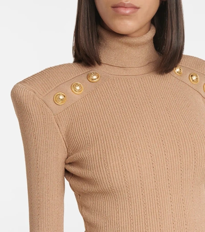 Shop Balmain Ribbed-knit Turtleneck Sweater In Sable