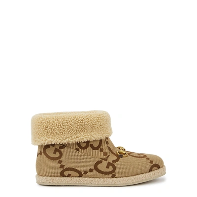 Shop Gucci Fria Monogrammed Shearling-trimmed Ankle Boots In Camel