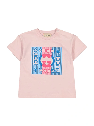 Gucci Pink T-shirt For Babykids With Red And Blue Logo In Rosa | ModeSens