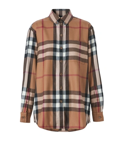 Shop Burberry Wool Check Oversized Shirt In Brown