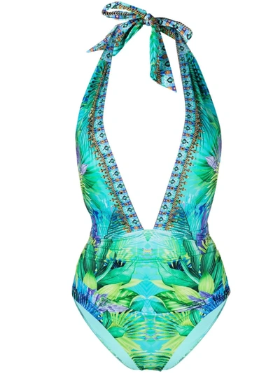 Shop Camilla Whats Your Vice-print Halterneck Swimsuit In Green