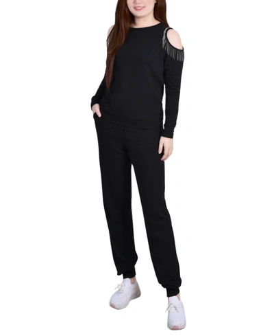 Ny Collection Plus Size Long Sleeve Cold Shoulder Jogger Set In Black