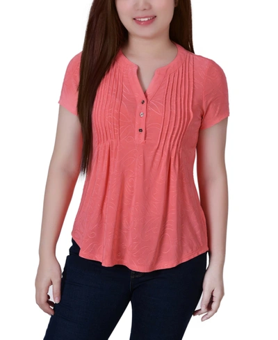 Shop Ny Collection Women's Short Sleeve Y-neck Jacquard Knit Top In Sugar Coral
