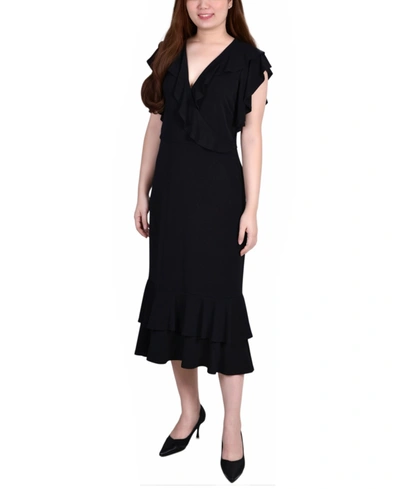 Shop Ny Collection Women's Short Flutter Sleeve Ruffle Neck Dress In Black