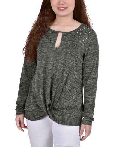 Shop Ny Collection Women's Long Sleeve Knit Keyhole With Studs Top In Olive