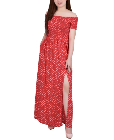 Ny Collection Plus Size Short Sleeve Off The Shoulder Smocked Maxi Dress In Red Floral