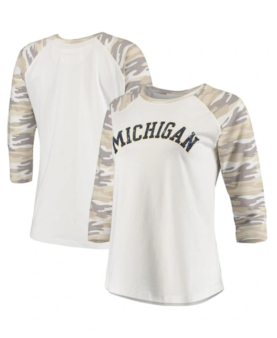 Shop Camp David Women's White And Camo Michigan Wolverines Boyfriend Baseball Raglan 3/4 Sleeve T-shirt In White/camo