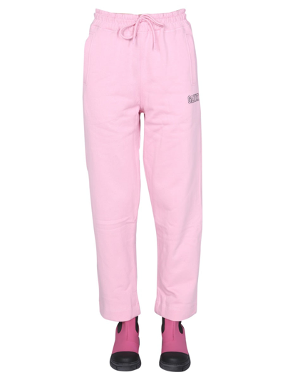 Shop Ganni Logo Embroidered Drawstring Sweatpants In Pink