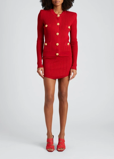 Shop Balmain Ribbed Button-down Cardigan Sweater In Red