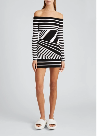 Shop Balmain Striped Off-the-shoulder Mini Dress In Blackwhite