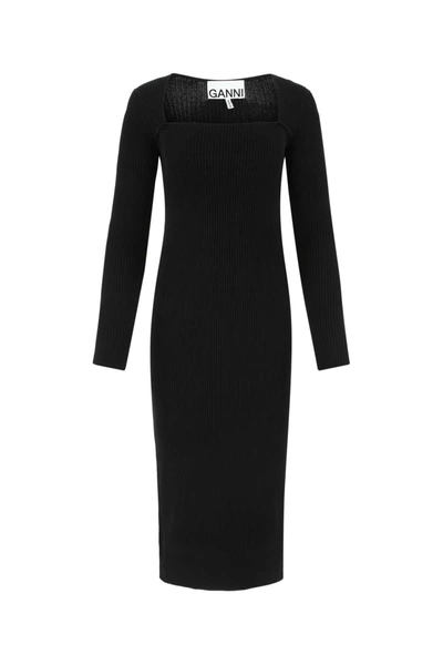 Shop Ganni Ribbed Knit Midi Dress In Black