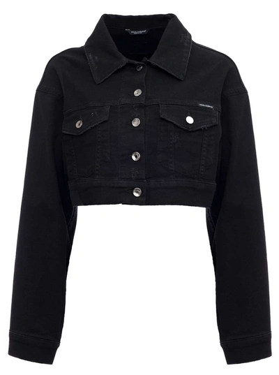 Shop Dolce & Gabbana Cropped Denim Jacket With Pockets In Black
