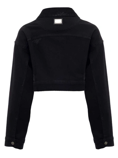 Shop Dolce & Gabbana Cropped Denim Jacket With Pockets In Black