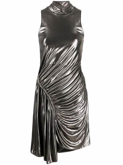 Shop Balmain Ruched Sleeveless Mini Dress In Silver