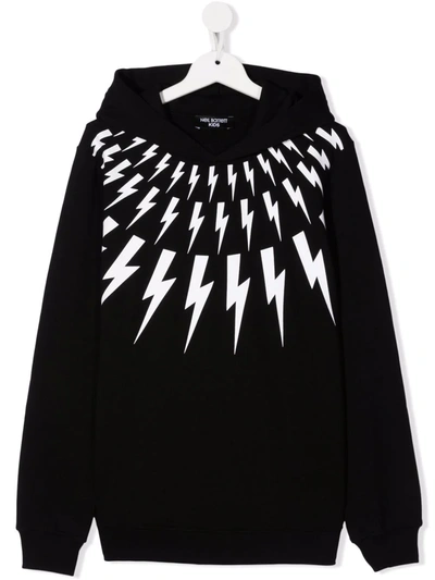 Neil Barrett Kids Black Hoodie With Fair Isle Thunderbolt Print