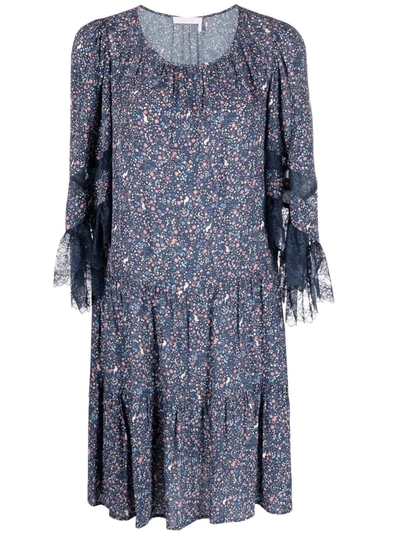 Shop See By Chloé Lace-panel Long-sleeve Dress In Blue