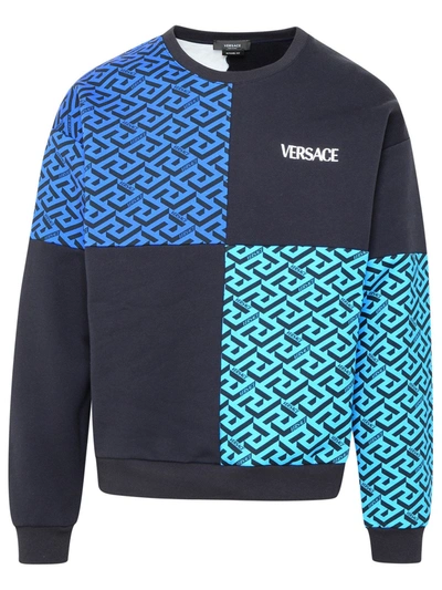 Shop Versace Blue And Black La Greca Cotton Sweatshirt