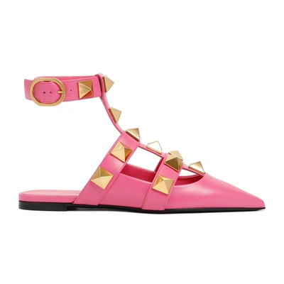 Shop Valentino Garavani  Roman Stud Calfskin Ballet Flats Shoes In Pink &amp; Purple