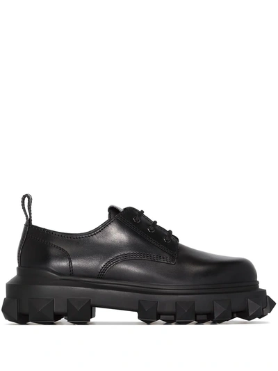 Shop Valentino Trackstud Leather Derby Shoes In Black