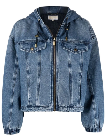 Shop Michael Michael Kors Zip-up Hooded Denim Jacket In Blue