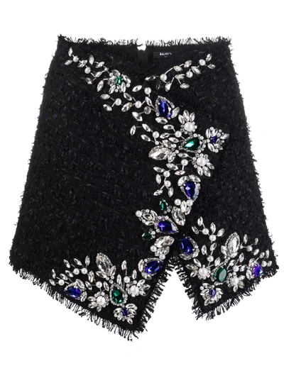 Shop Balmain Jewel-embellished Wrap Skirt In Black