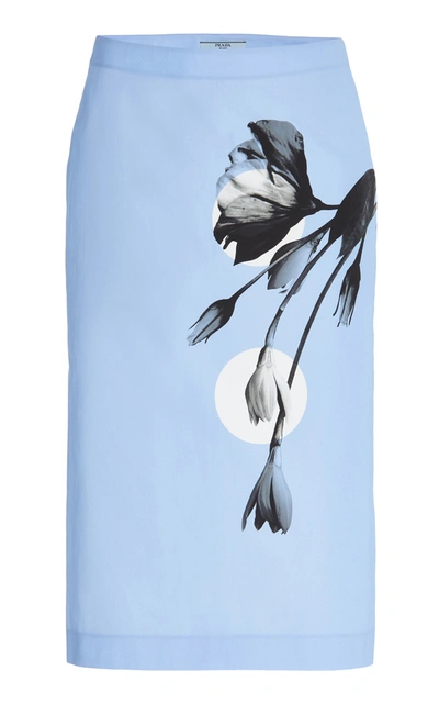 Shop Prada Women's Printed Cotton Poplin Midi Skirt In Blue