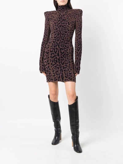 Shop Roberto Cavalli Leopard-print High Neck Mini Dress In Brown